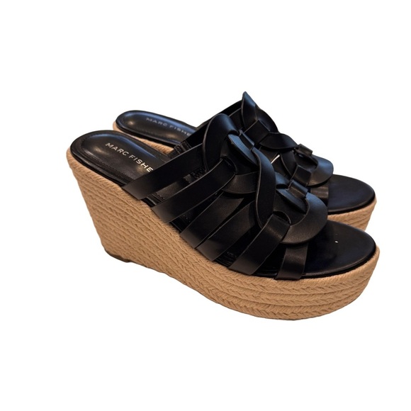 NEW! Marc Fisher Cazzie Espadrille Wedge Slip On Sandals Black Size 8.5 - Picture 1 of 11